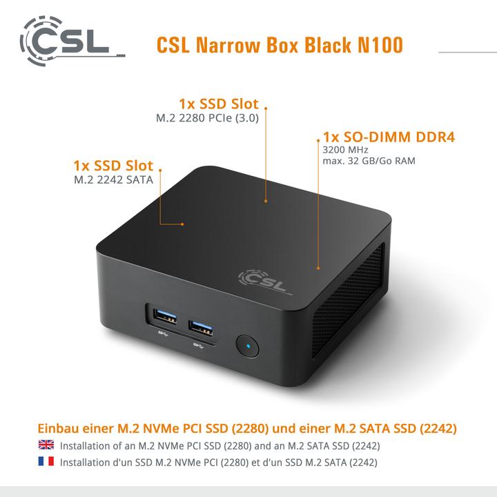 Actual product image CSL Mini-PC Narrow Box Black / 16GB / 1000 GB M.2 SSD / Win 11 Home (Intel N100, 16 GB, 1000 GB, Intel UHD Graphics)