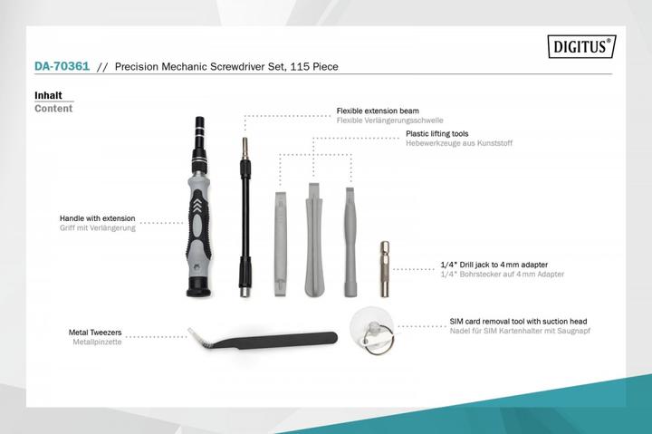 Actual product image Digitus Precision Mechanic Screwdriver Set, 115-piece (Sorceress, 5-edge (Pentagon), Pozidriv cross recess (PZ), Tri-wing)