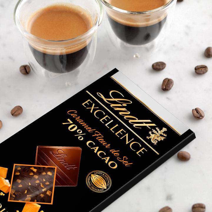 Actual product image Lindt Excellence Dark Caramel Fleur de Sel 70% Cacao chocolate bar (100 g)
