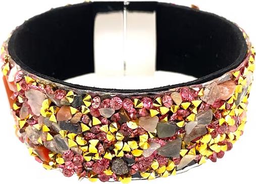Signé Signè Armband Leder mit Steinen & synthetischen Kristallen Rosa & Metallkegel Gold No.9 (18.50 cm, Metall, Glas, Messing, Bleifrei, Cadmiumfrei, synthetische Kristalle, Nickelfrei)