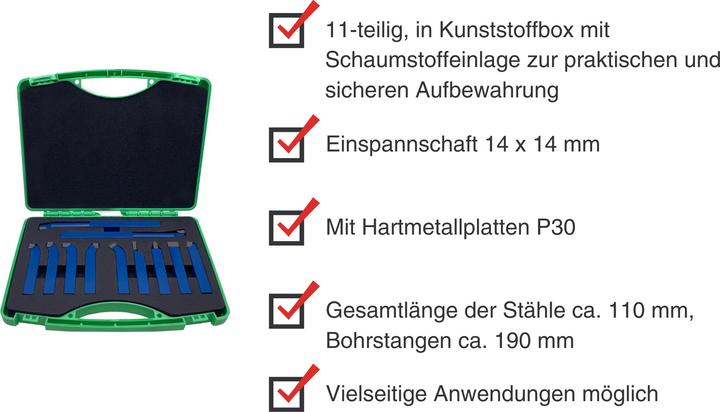 Produktbild Paulimot Drehmeissel-Set 11-teilig mit Hartmetallplatten P30, DIN 4976, 14 mm (14 mm)