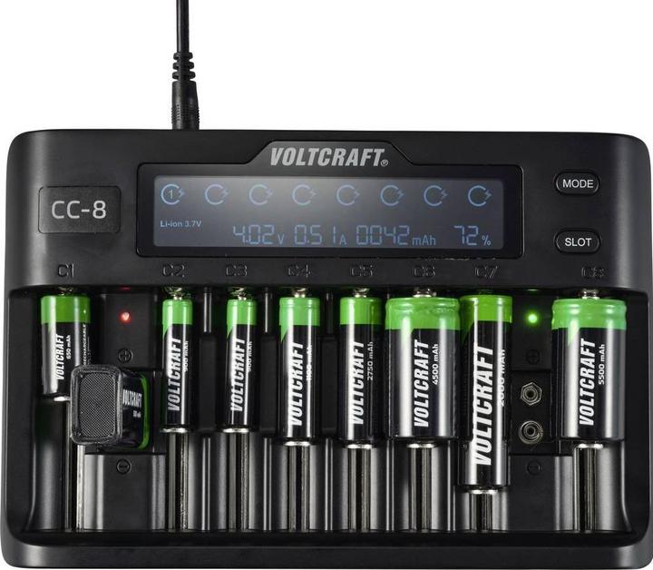 Actual product image Voltcraft CC-8 Round Cell Charger (1 pcs., 10340, 14500, 16340, 17500, 17650, 18490, 18500, 18650, 21700, 22650, 26500, 26650, AAA, A, AA, Sub-C, 9V Block, Chargers without battery)