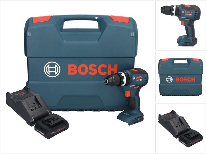 1x Bosch GSB 18V-55 Professional accuklopboormachine, 1x Bosch GBA 18 V 4,0 Ah ProCORE oplaadbare accu, 1x Bosch GAL 18V-40 oplader