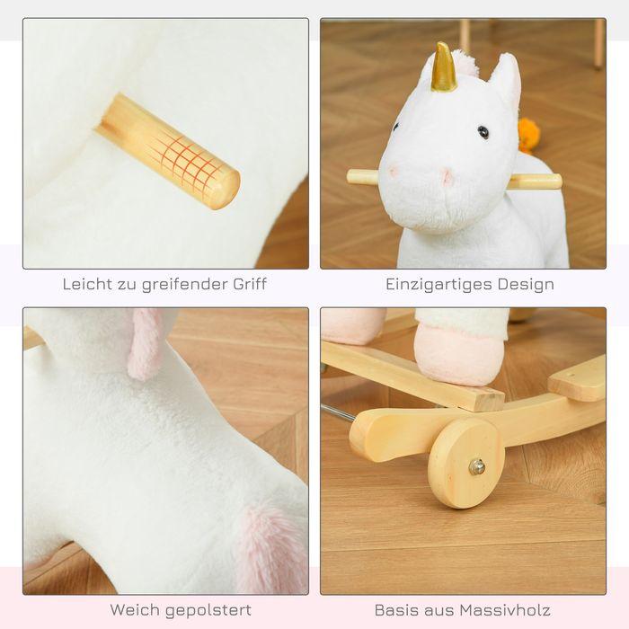 Immagine prodotto Swisshandel24 Cavallo a dondolo 2-IN-1 Animale a dondolo con ruote Peluche Bianco 63 x 38 x 63 cm