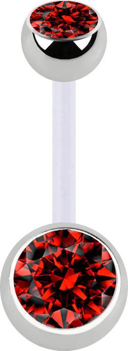 Star Piercing Banane transparent mit zwei Kugeln silber Kristall rot (ohne Messing, Chirurgenstahl 316L, Bioflex)