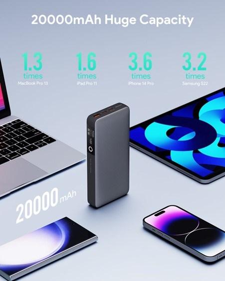 Productafbeelding Aukey Powerbank Sprint X 20K, 65W, 20000mAh, met USB-C kabel (20000 mAh, 65 W, 74 Wh)
