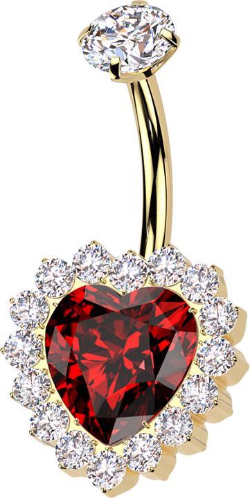 Star Piercing Banane Innengewinde vergoldet Kristall silber gefasst und Kristallherz rot Kristalle silber (ohne Messing, Titan G23)