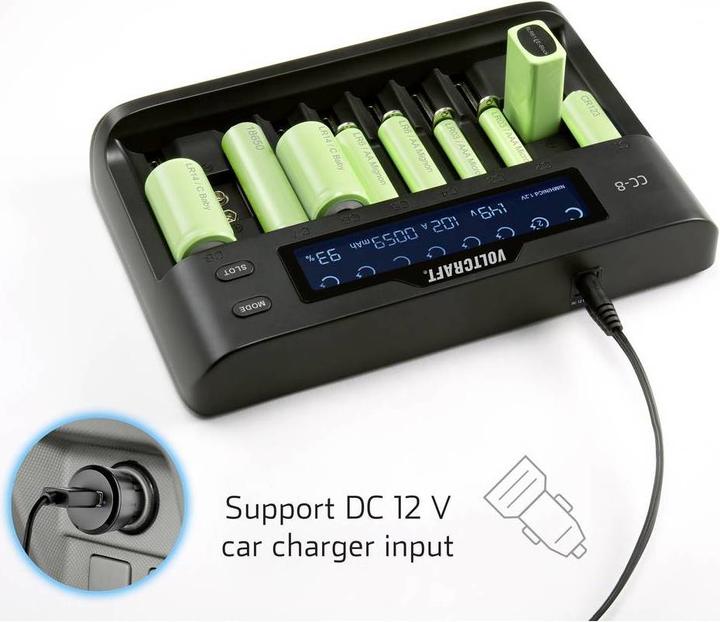 Actual product image Voltcraft CC-8 Round Cell Charger (1 pcs., 10340, 14500, 16340, 17500, 17650, 18490, 18500, 18650, 21700, 22650, 26500, 26650, AAA, A, AA, Sub-C, 9V Block, Chargers without battery)