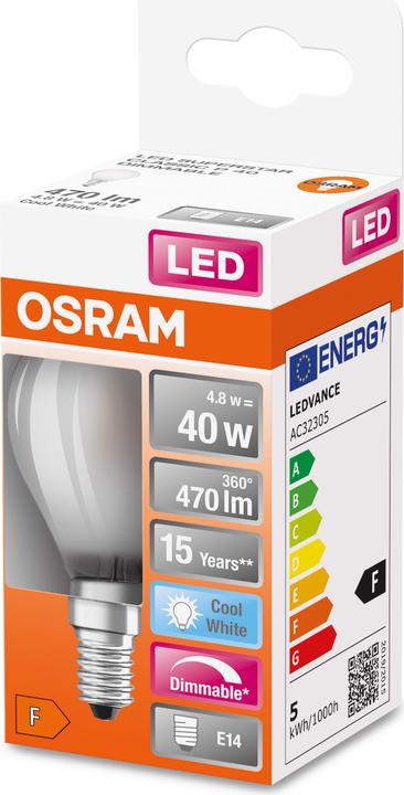 Actual product image Osram LEDSCLP40D 5W/840 230VGLFR E14 10X1OSRAM (E14, 4.80 W, 470 lm, 1 x, F)