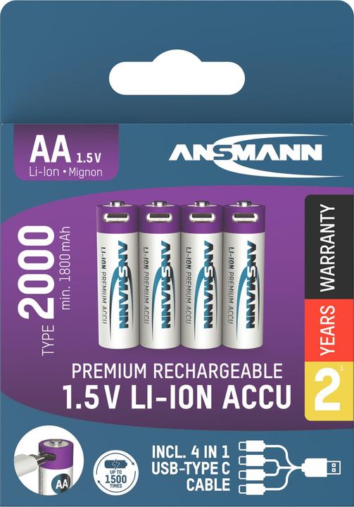Productafbeelding Ansmann 1312-0036 Li-Ion oplaadbare batterijen Mignon AA type 2000 (min. 1800 mAh) 4-pak doos (4 Pcs., AA, 1800 mAh)