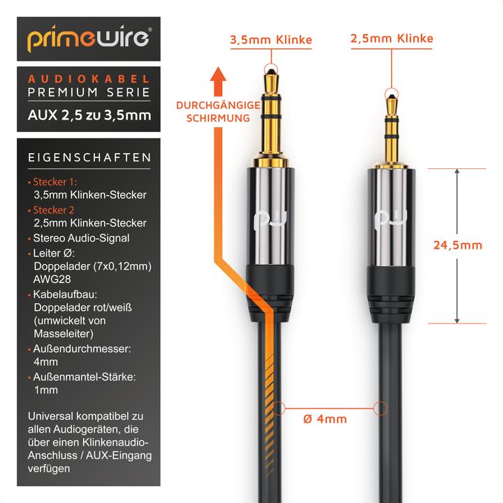 Actual product image Primewire 2.5mm Jack to 3.5mm Jack Audio Cable, AUX, HiFi Audio Adapter Jack Cable / Connector Cable (1.50 m, 3.5mm jack (AUX))