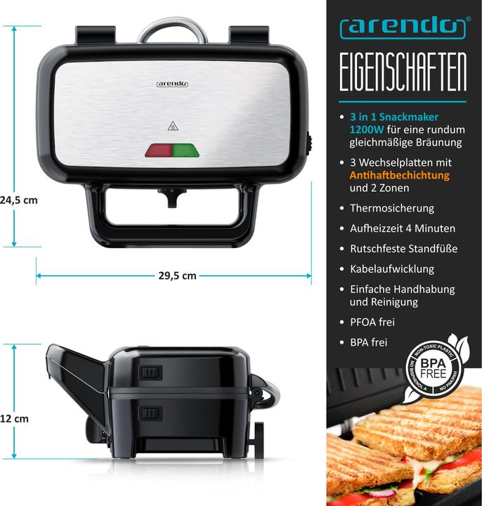 Image du produit Arendo Appareil à sandwichs Gaufrier Gril de contact avec plaques amovibles - avec revêtement antiadhésif