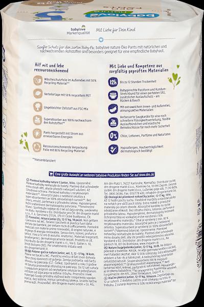 Nährwerte und Zutaten dm babylove nature Pants (Gr. 5, Tragepack, 18 Stück)