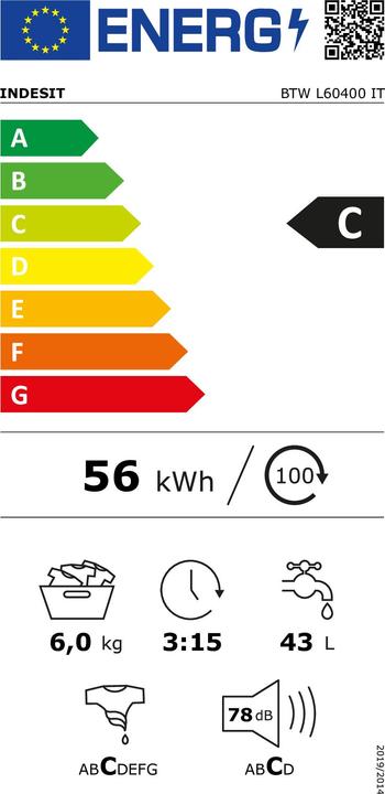 Energie-Label Indesit BTW L60400 DE Toplader-Waschmaschine 6 kg 1000 U/min C Weiss (6 kg, Unten, EU-Stecker)