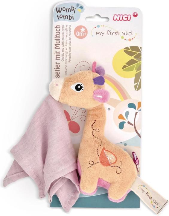 Actual product image NICI Standing Cuddly Animal Giraffe Sasuma with Muslin Cloth 16 cm
