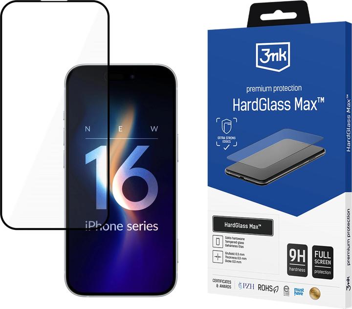 Immagine prodotto 3MK HardGlass Max iPhone 16 6.1" czarny/nero, vetro a schermo intero (1 Pezzo/i, Apple iPhone 16)