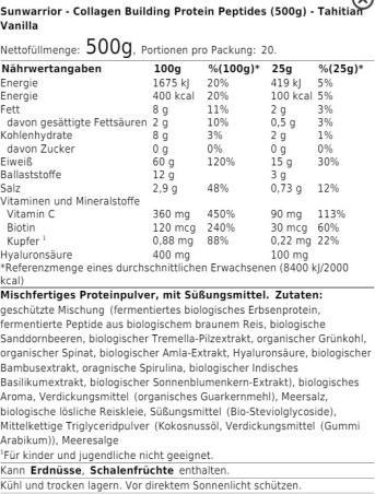 Nährwerte und Zutaten Sunwarrior Collagen Building Protein Peptides Tahitian Vanilla (1 Stück, Pulver, 500 g)