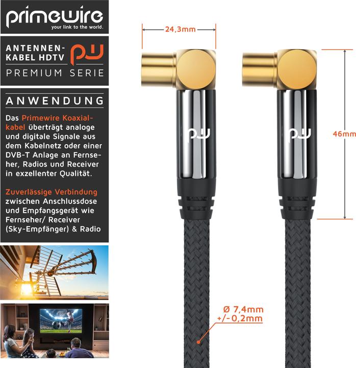 Immagine prodotto Primewire Cavo antenna HDTV angolato con intreccio, cavo coassiale premium 135dB / 75 Ohm, cavo TV, 4K HDTV (135 dB, Cavi antenna)