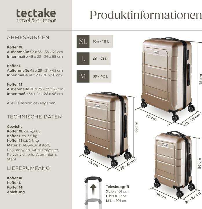 Image du produit tectake Set de valises rigides BRICE 3 pièces avec serrure à code (111 l, M (50 - 90l), L (90 - 115l), XL (à partir de 115l))