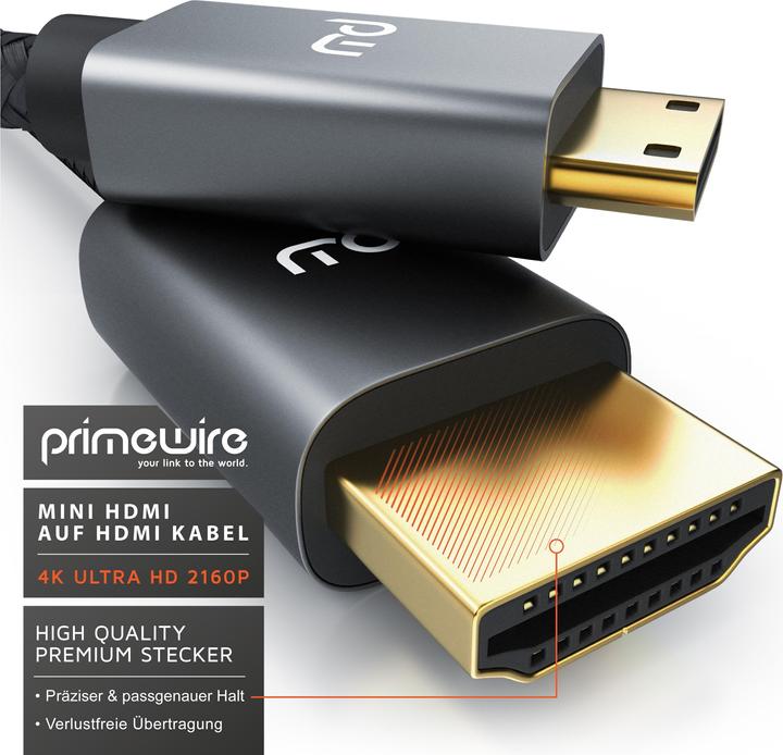Produktbild Primewire Mini HDMI auf HDMI Kabel, Typ C auf Typ A, 4K miniHDMI Adapterkabel 3840 x 2160 @ 60 Hz, HDR, ARC (1.50 m, HDMI)