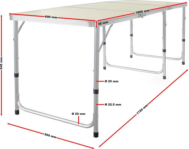 Image du produit Wiltec Toboli Table de camping pliante 180x60x70cm réglable en hauteur Table de camping pliante