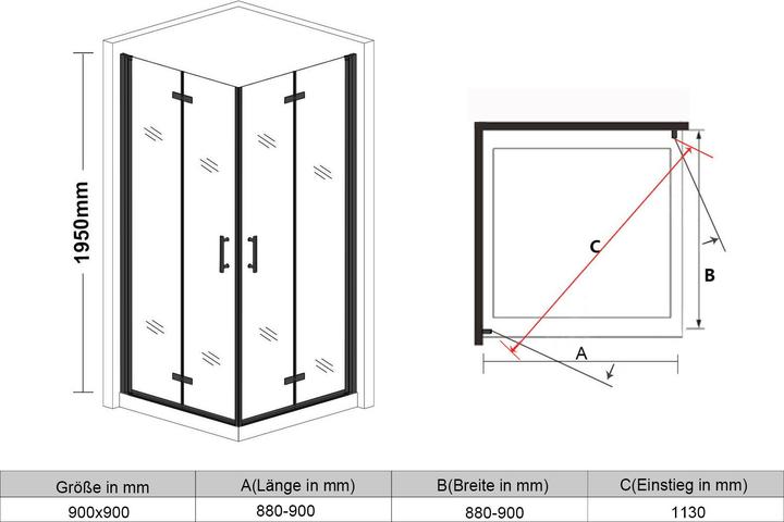 Produktbild SONNI Falttür, Duschabtrennung, Eckeinstieg, Duschkabine, 90 x 90 cm, schwarz, 6 mm, Glas, 180 Grad (100 cm, 90 cm, 195 cm)