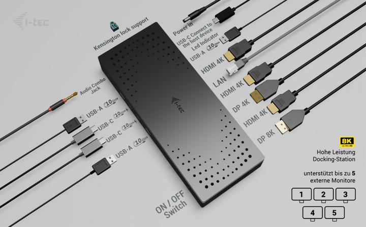 Produktbild i-tec Universal 5x 4K Display DS 5x 4K 2x DP 3x HDMI 1x 2,5GLAN 2x USB-C Gen.2 3x USB 3.2 Gen.2 1x A (USB-C, 10 Ports)