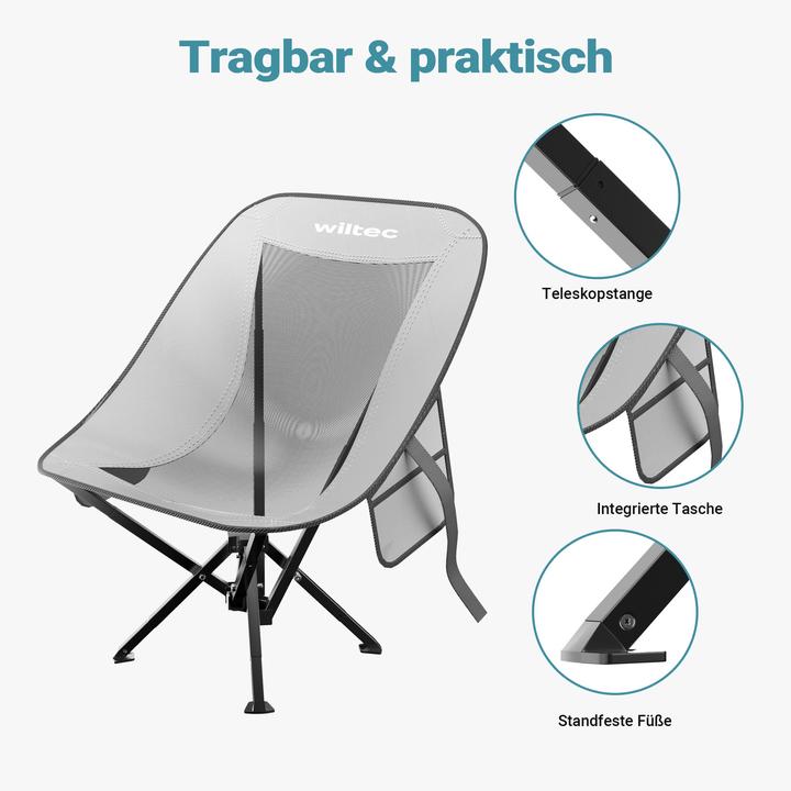 Produktbild Wiltec Campingstuhl faltbar grau schwarz 100kg Klappstuhl Anglerstuhl Faltstuhl