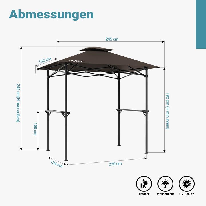 Produktbild Wiltec Grillpavillon Kaffee 245x152cm BBQ Pavillon Grillüberdachung Grillzelt (245 cm, 158 cm)
