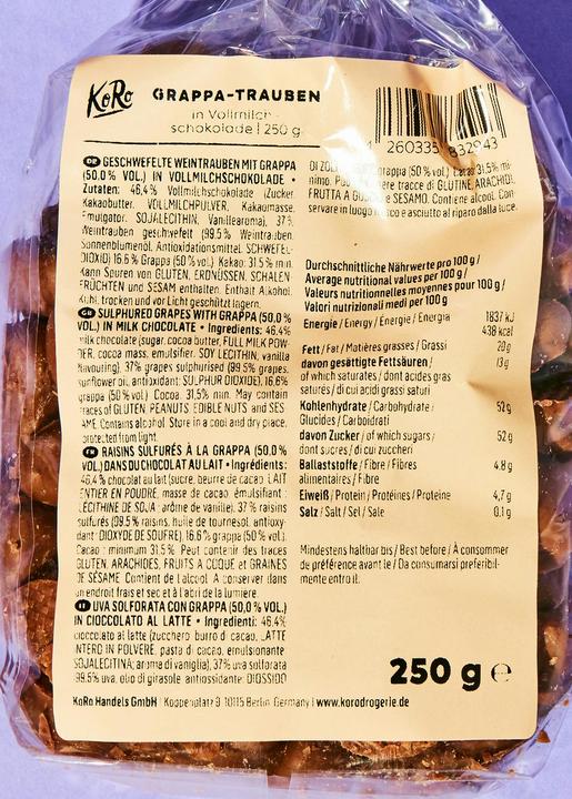 Produktbild KoRo Weinbeeren (geschwefelt) mit Grappa in Vollmilchschokolade (1 Stk., 250 g)