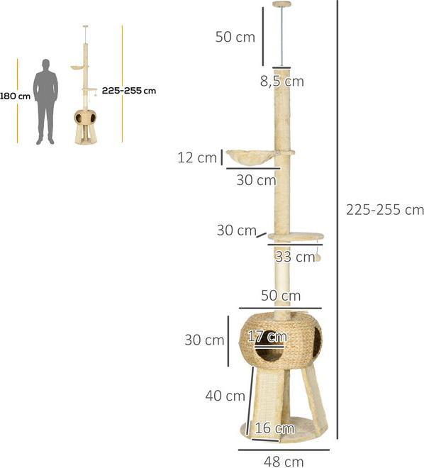 Immagine prodotto Swisshandel24 Albero per gatti, alto fino al soffitto, 225-255 cm con grotta per gatti, con palla da gioco (255 cm, Marrone+Beige)