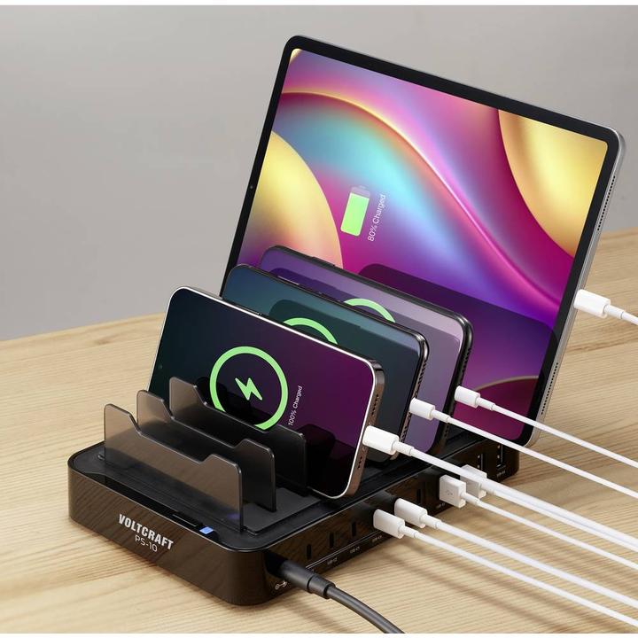 Actual product image Voltcraft Desktop charging station 120W Output current (max.) 3A Number of outputs: 10 x USB-A, USB-C® (120 W)