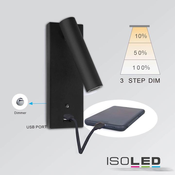 Produktbild Isoled LED Leseleuchte, 3W, schwarz, mit USB A Ladebuchse, warmweiss, 3 Stufen dimmbar