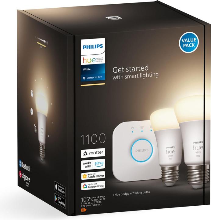 Produktbild Philips Hue White Starter Set (E27, 9.50 W, 1055 lm, 2 x, F)
