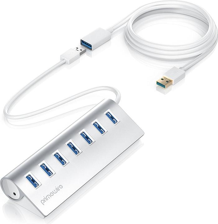 Produktbild Primewire 7 Port USB 3.0 Hub inkl. 1m Verlängerungskabel, USB Hub Alu Gehäuse & Netzteil (USB-A, 7 Ports)