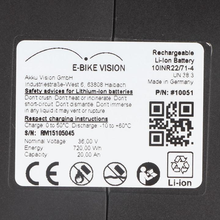 Immagine prodotto E-Bike-Vision Batteria e-Bike i:SY XXL 720Wh 36V 20Ah (Coperchio della batteria per e-bike)