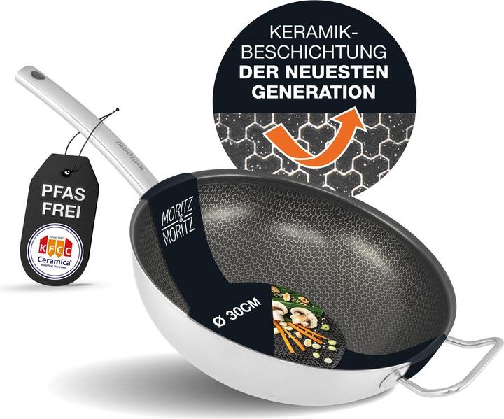 Produktbild Moritz & Moritz Edelstahl Wokpfanne 30cm mit Keramikbeschichtung der neuesten Generation (Wok Pfanne, Edelstahl)