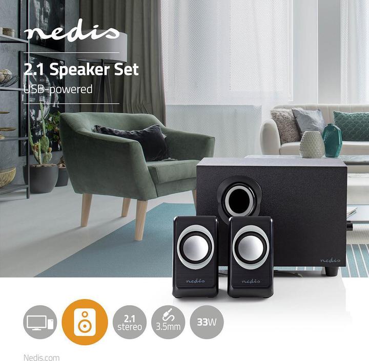 Image du produit Nedis Haut-parleurs pour PC - alimentation par USB - subwoofer - connecteurs d'entrée : 1x 3.5 mm - 2.1 (1 pièce, 16 W)
