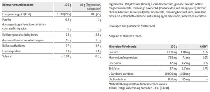 Valeurs nutritives et ingrédients Sponser Carnitine 1000 (Orange sanguine, 1 x)