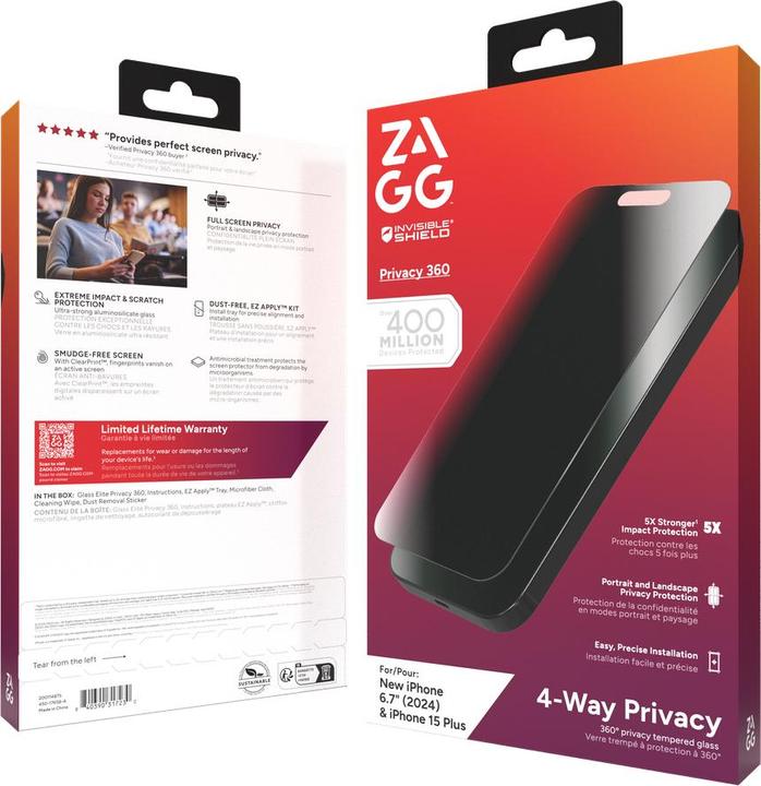 Image du produit Zagg Glass Elite Privacy 360 (1 pièce(s), Apple iPhone 15, Apple iPhone 16)