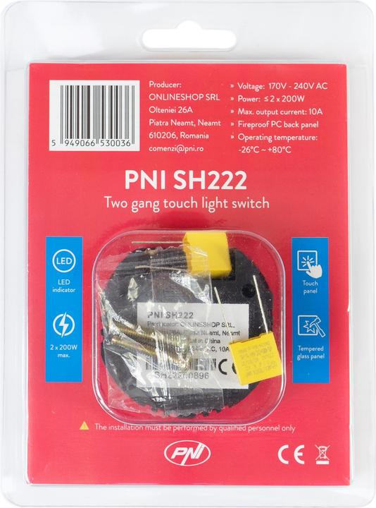 Actual product image PNI SH222 Glass double touch switch, black with LED display, 10 A, 2 x 200 W