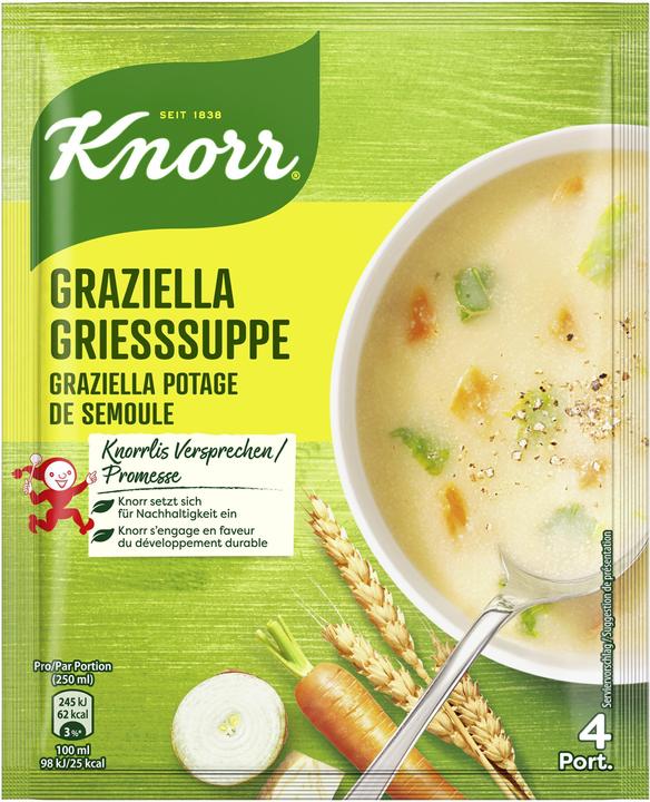 Knorr Graziella Suppe Beutel, Hartweizengriess mit Zwiebeln, Rüebli & Lauch, in 10 Minuten zubereitet
