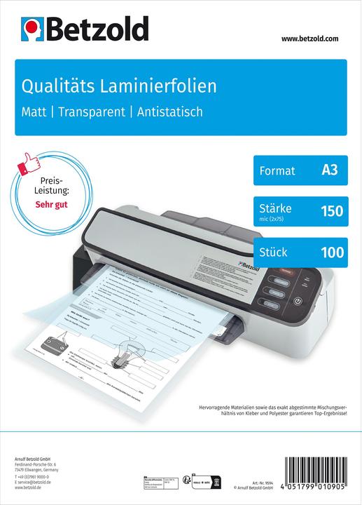 Betzold Karton mit 100 Laminierfolien matt, DIN A3, 150 mic (A3, 100 Stück, 150 µm)