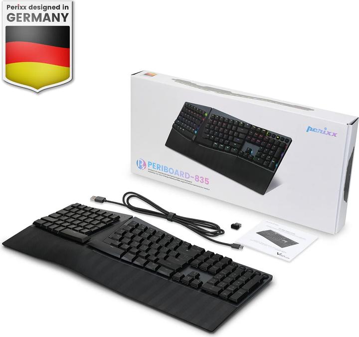 Produktbild Perixx PERIBOARD-835 BR DE, kabellose RGB-beleuchtete ergonomische mechanische Tastatur - flache bra (DE, Kabellos)