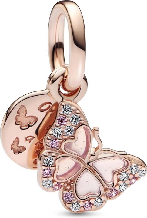 Pandora Rosafarbener Schmetterling & Spruch Doppelter Charm (Metall rosévergoldet)