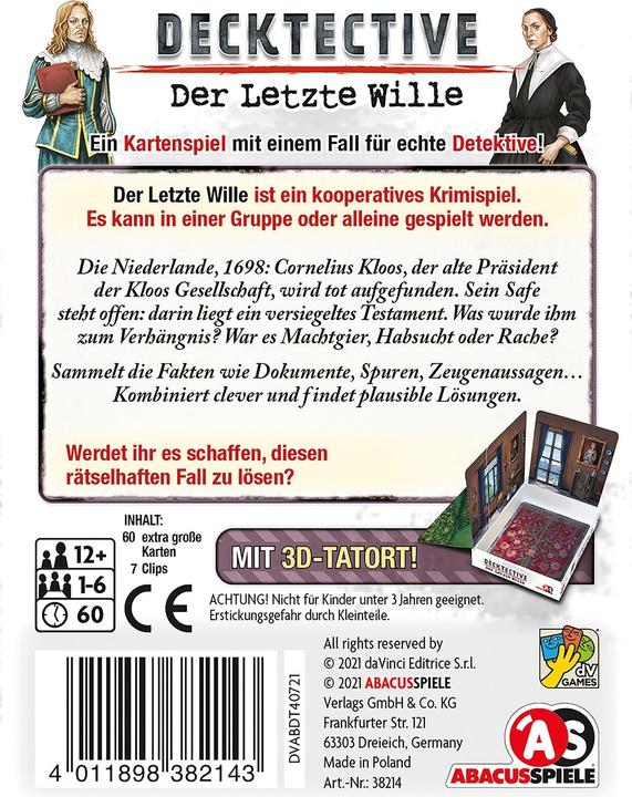 Actual product image Abacus ABA38214 - Decktective - Der letzte Wille, card game, for 1-6 players, ages 12+ (DE edition) (German)