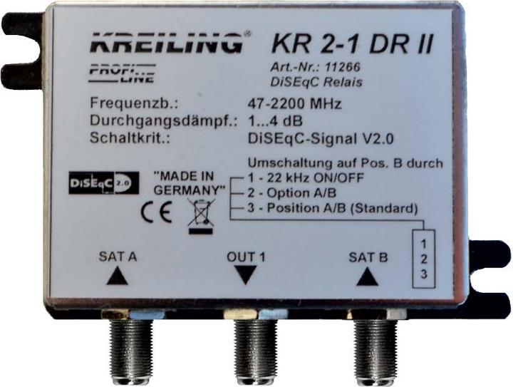 Actual product image Kreiling DiSEqC 1.0 Relay 2 Input SatA+SatB KR 2-1 DR-II (DiSEqC)