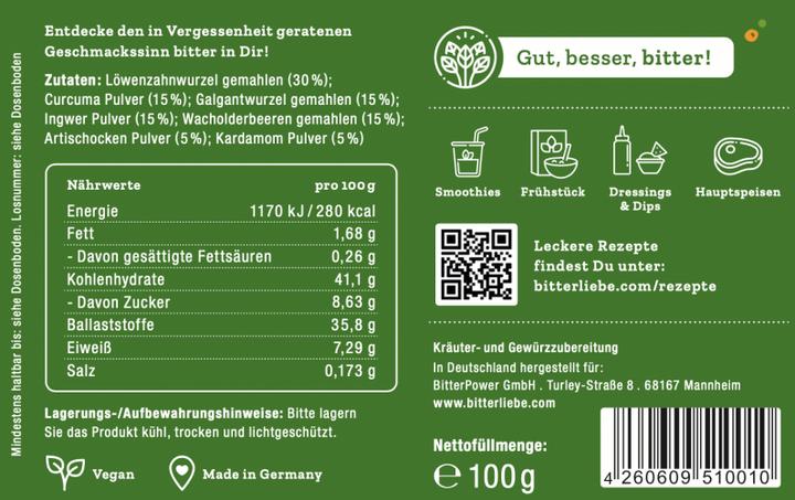 Nährwerte und Zutaten Bitterliebe Pulver aus erlesenen Naturkräutern 100 g (1 Stück, Pulver, 100 g)