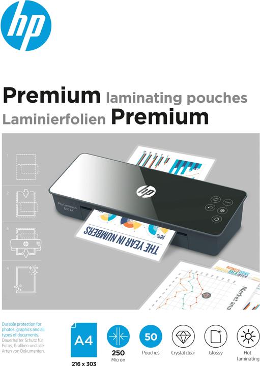 HP Laminierfolie Premium A4, 250 µm, 50 Stück, Glänzend (A4, 50 Stück, 250 µm)