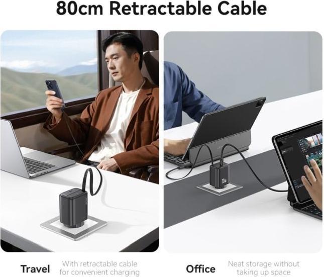 Actual product image Usams Ład. siec. 1xUSB-C ze zwijanym kablem USB-C Retractable PD+QC 30W Gan Fast Charging czarny/bla (30 W)